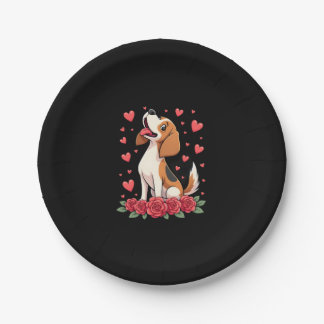 Cute Beagle with Red Roses Hearts Floral Valentine Paper Plates
