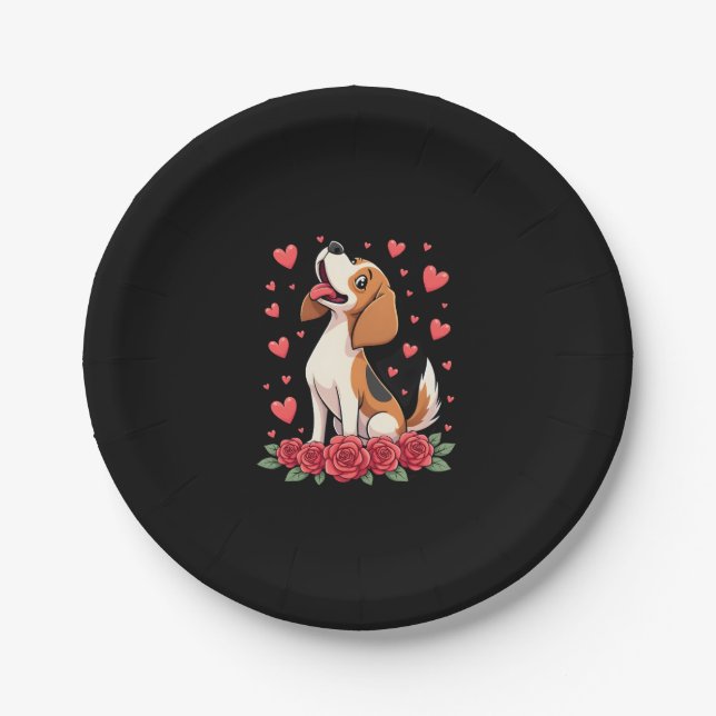 Cute Beagle with Red Roses Hearts Floral Valentine Paper Plates (Front)