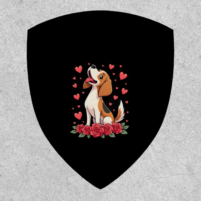 Cute Beagle with Red Roses Hearts Floral Valentine Patch (Front)