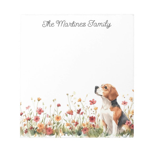 Cute Beagle with Wildflowers Personalized Notepad (Front)