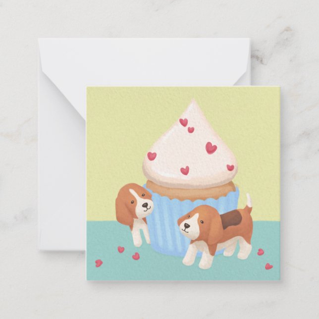 Cute Beagles & Cupcake Illustration Note Card (Front)