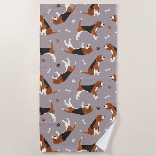 Cute Beagles Paws and Bones Gray Beach Towel (Front)