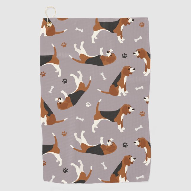 Cute Beagles Paws and Bones Gray Golf Towel (Front)