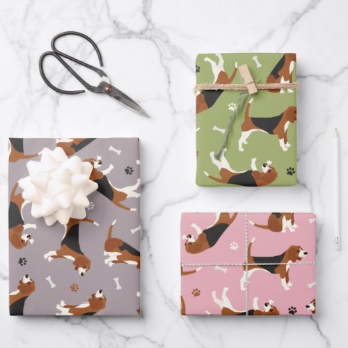 Cute Beagles Paws and Bones Gray Green Pink Wrapping Paper Sheets