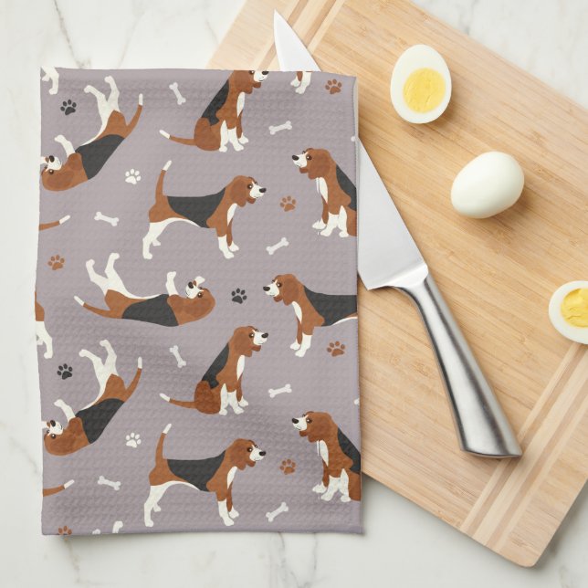 Cute Beagles Paws and Bones Gray Kitchen Towel (Quarter Fold)