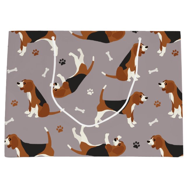 Cute Beagles Paws and Bones Gray Large Gift Bag (Front)