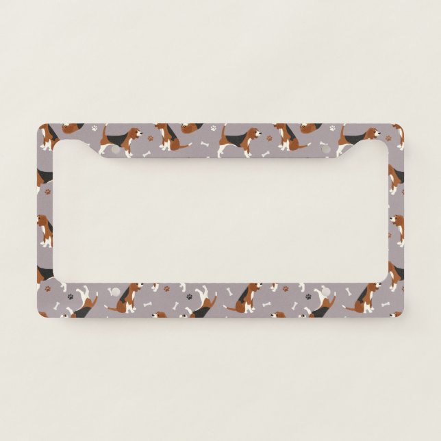 Cute Beagles Paws and Bones Gray License Plate Frame (Front)