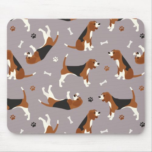 Cute Beagles Paws and Bones Gray Mouse Pad