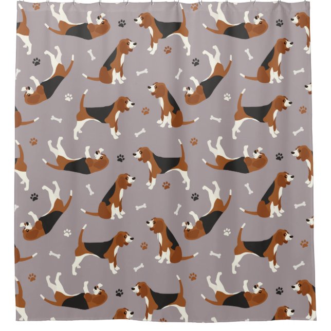 Cute Beagles Paws and Bones Gray Shower Curtain (Front)