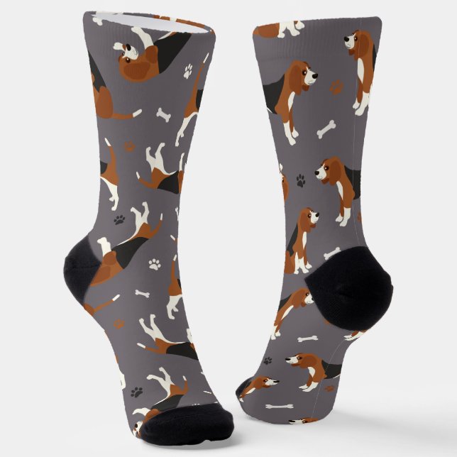 Cute Beagles Paws and Bones Gray Socks (Angled)