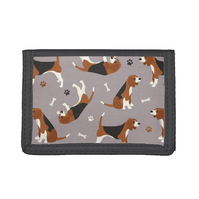Cute Beagles Paws and Bones Gray Trifold Wallet (Front)