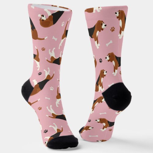 Cute Beagles Paws and Bones Pink Socks