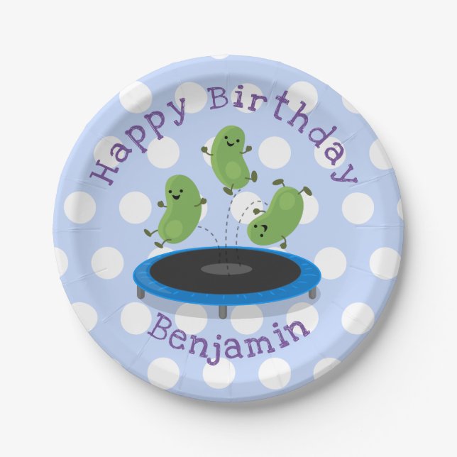 Cute beans jumping trampoline cartoon illustration paper plates (Front)