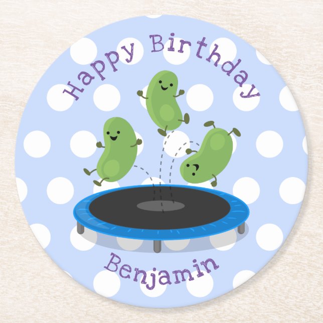 Cute beans jumping trampoline cartoon illustration round paper coaster (Front)