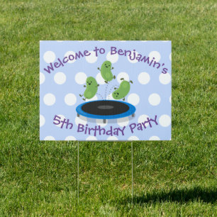 Cute beans jumping trampoline cartoon illustration sign