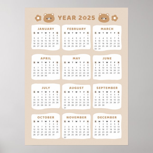 Cute Bear 2025 Calendar Poster (Front)