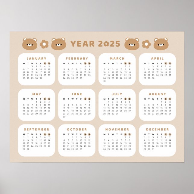 Cute Bear 2025 Calendar Poster (Front)