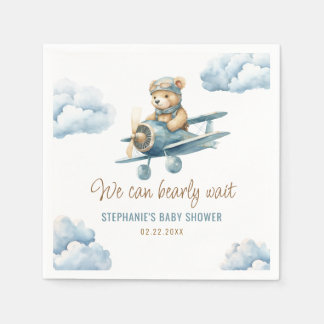 Cute Bear Airplane Blue Boy Baby Shower Napkins