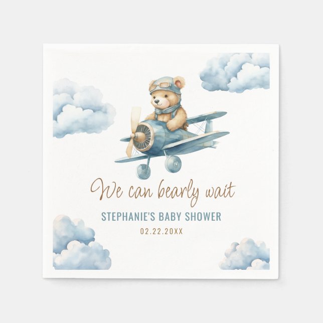 Cute Bear Airplane Blue Boy Baby Shower Napkins (Front)
