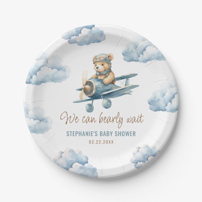 Cute Bear Airplane Blue Boy Baby Shower Paper Plates (Front)