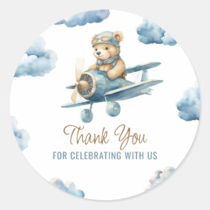 Cute Bear Airplane Blue Boy Baby Shower Thank You Classic Round Sticker