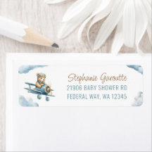 Cute Bear Airplane Blue Boy Return Address