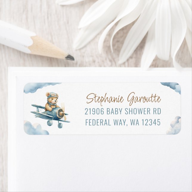 Cute Bear Airplane Blue Boy Return Address Label (Insitu)