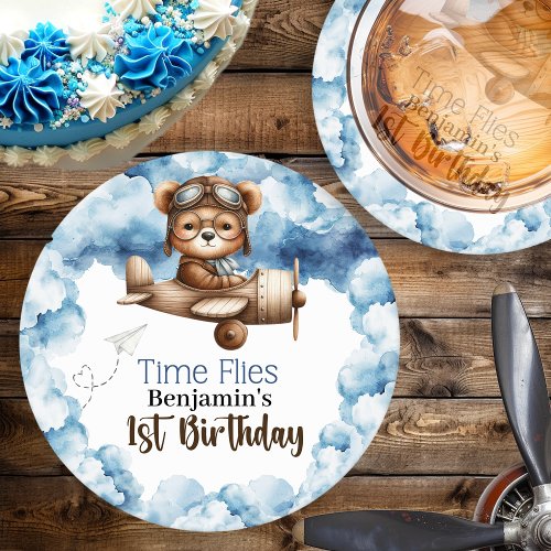 Cute Bear Airplane Boys 1st Birthday Round Paper Coaster