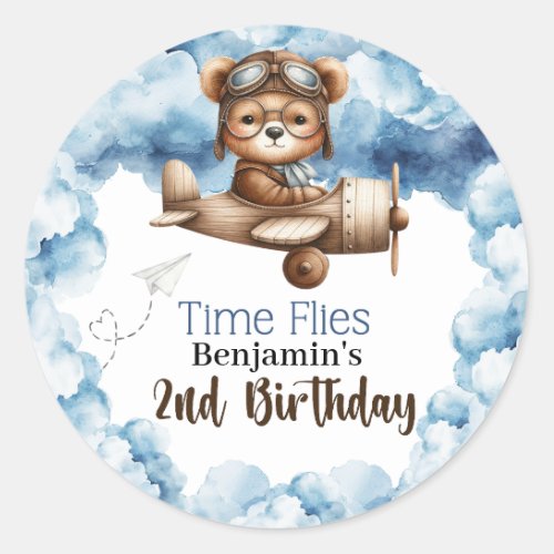 Cute Bear Airplane Boys 2nd Birthday Classic Round Sticker