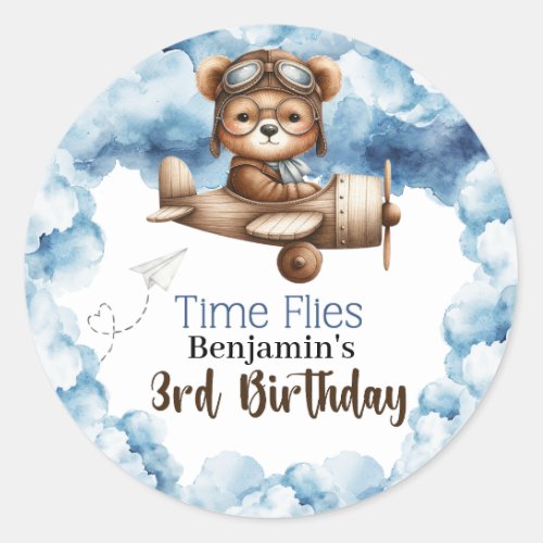 Cute Bear Airplane Boys 3rd Birthday Classic Round Sticker