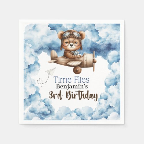 Cute Bear Airplane Boys 3rd Birthday Napkins