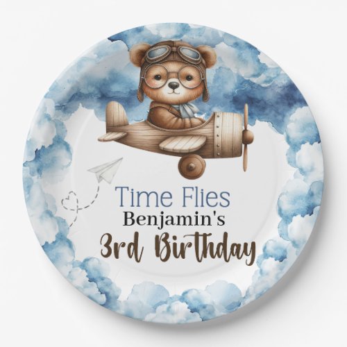 Cute Bear Airplane Boys 3rd Birthday Paper Plates