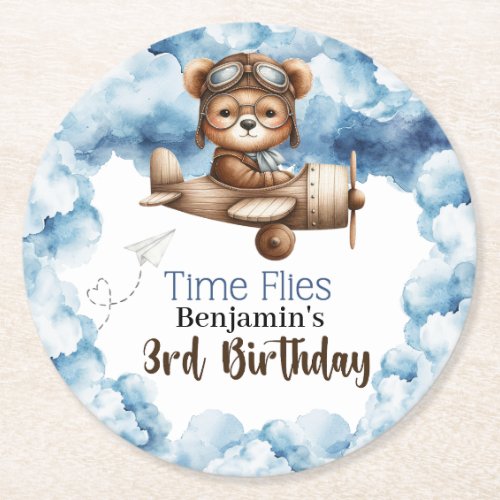 Cute Bear Airplane Boys 3rd Birthday Round Paper Coaster