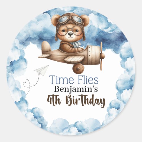 Cute Bear Airplane Boys 4th Birthday Classic Round Sticker