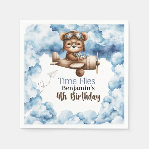 Cute Bear Airplane Boys 4th Birthday Napkins