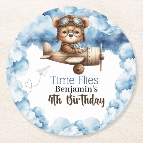 Cute Bear Airplane Boys 4th Birthday Round Paper Coaster