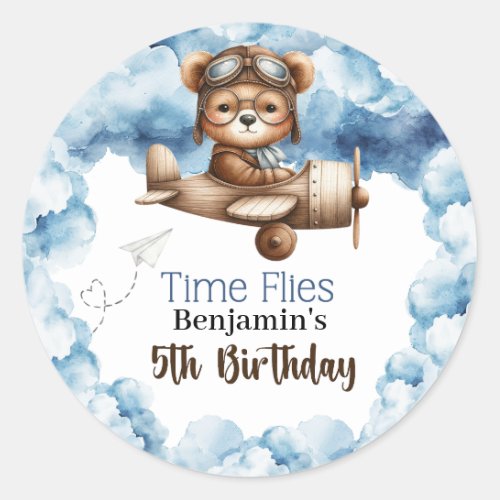 Cute Bear Airplane Boys 5th Birthday Classic Round Sticker