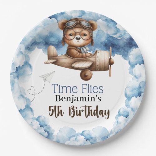 Cute Bear Airplane Boys 5th Birthday Paper Plates