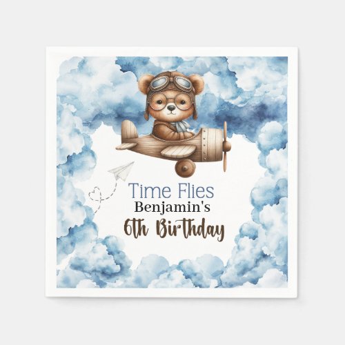 Cute Bear Airplane Boys 6th Birthday Napkins