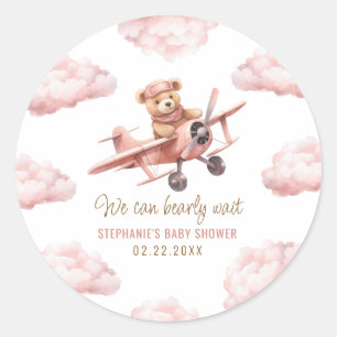 Cute Bear Airplane Pink Girl Baby Shower Classic Round Sticker