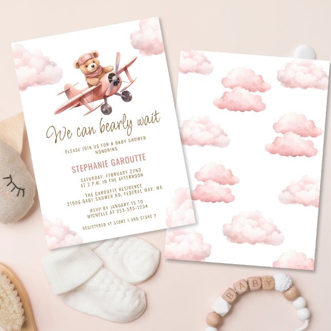 Cute Bear Airplane Pink Girl Baby Shower Invitation (Cute Bear Airplane Pink Girl Baby Shower Invitation)