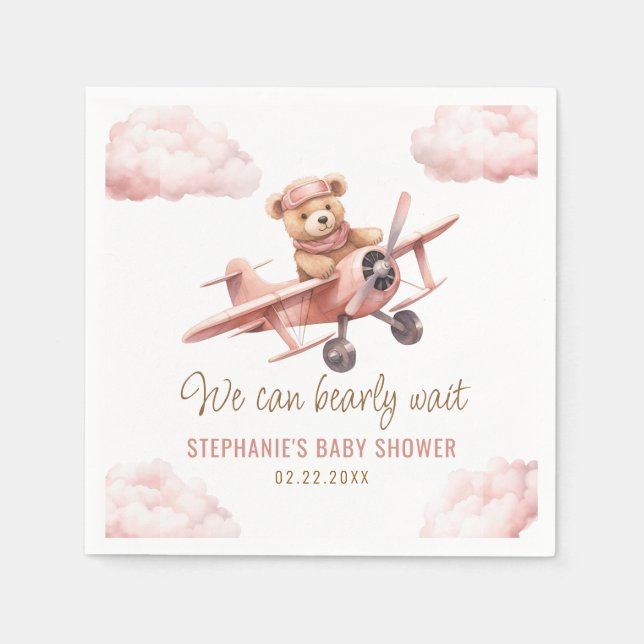 Cute Bear Airplane Pink Girl Baby Shower Napkins (Front)