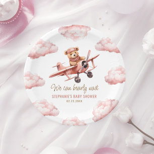 Cute Bear Airplane Pink Girl Baby Shower Paper Plates