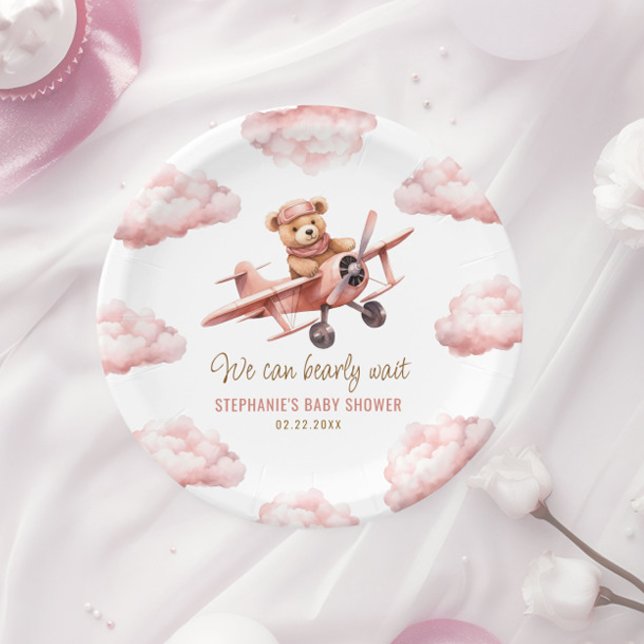 Cute Bear Airplane Pink Girl Baby Shower Paper Plates (Cute Bear Airplane Pink Girl Baby Shower Paper Plates)