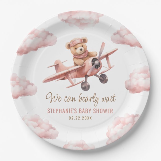 Cute Bear Airplane Pink Girl Baby Shower Paper Plates (Front)