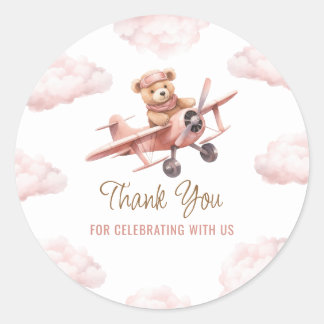 Cute Bear Airplane Pink Girl Baby Shower Thank You Classic Round Sticker