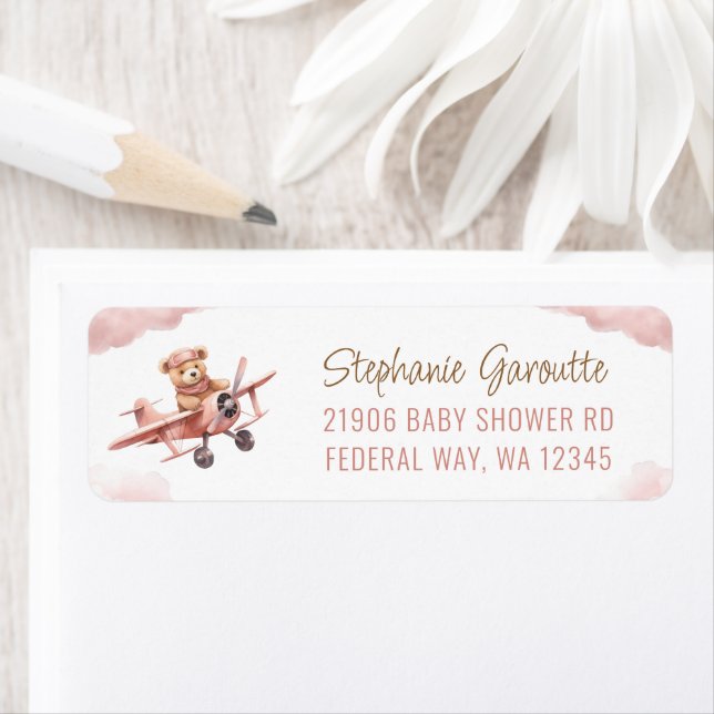 Cute Bear Airplane Pink Girl Return Address Label (Insitu)