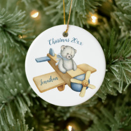 Cute Bear Airplane Watercolor Christmas Name Ceramic Ornament