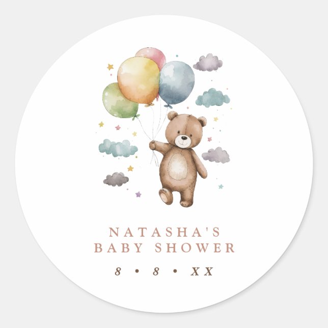 Cute Bear and Balloons Baby Shower Favor Classic Round Sticker (Front)