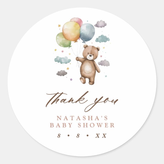 Cute Bear and Balloons Baby Shower Thank You Classic Round Sticker (Front)